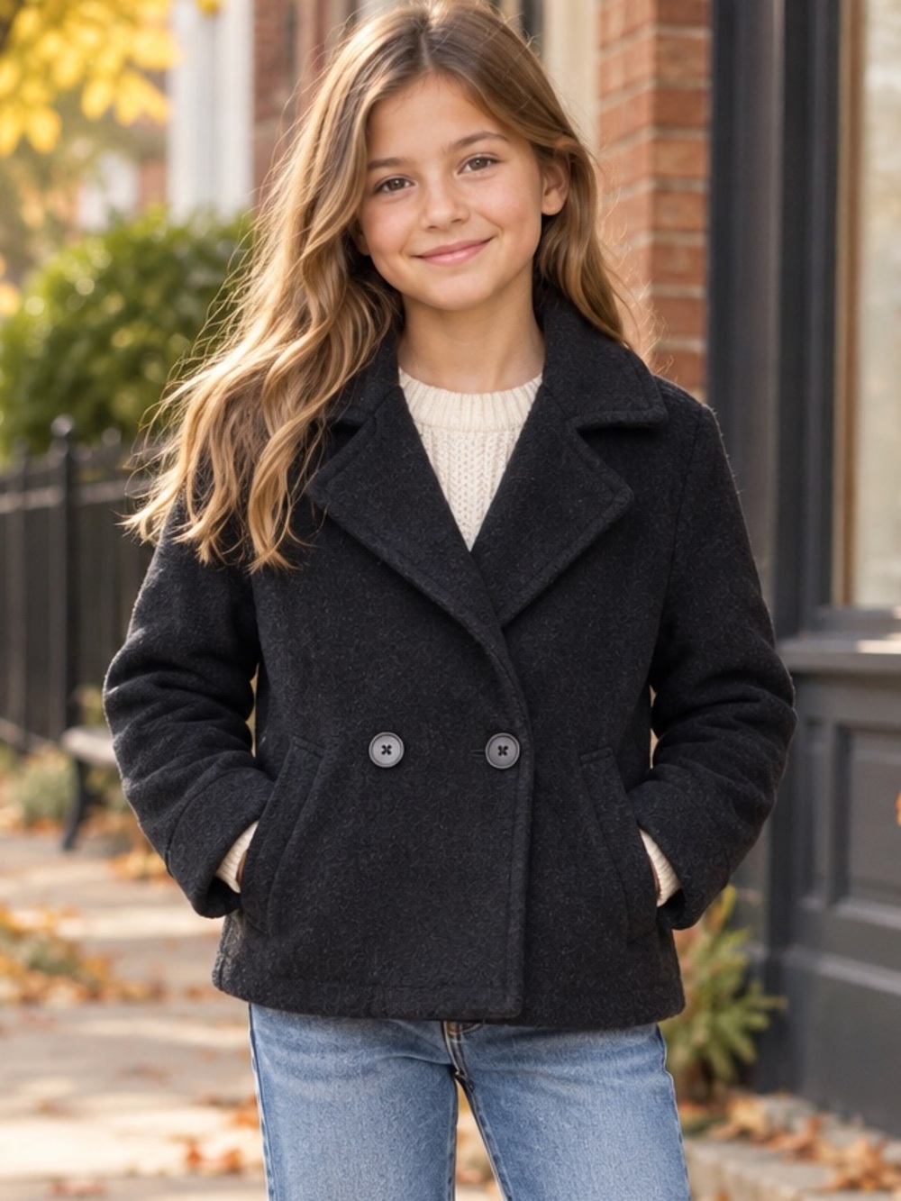 Zara Girls Black Wool-Blend Peacoat Size 10/140